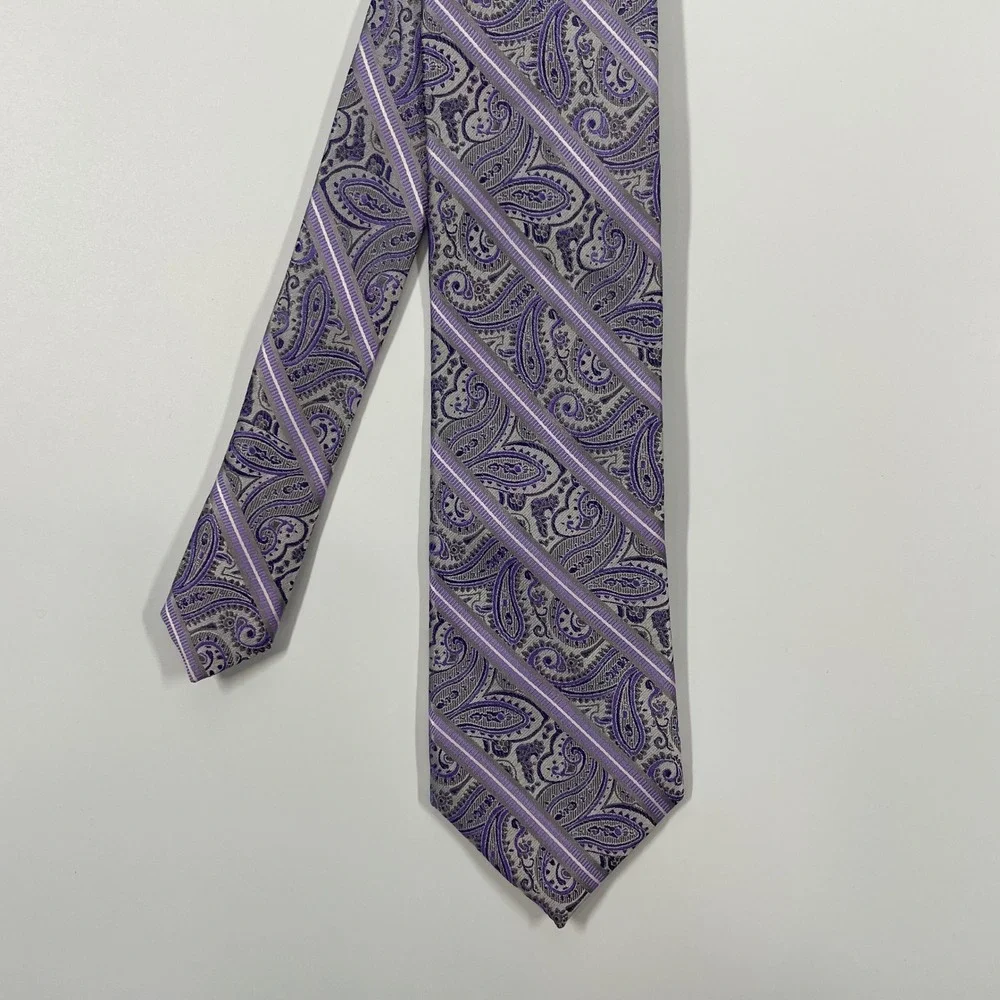 Pronto Uomo Purple Silver Paisley Striped Silk Necktie Mens One Size